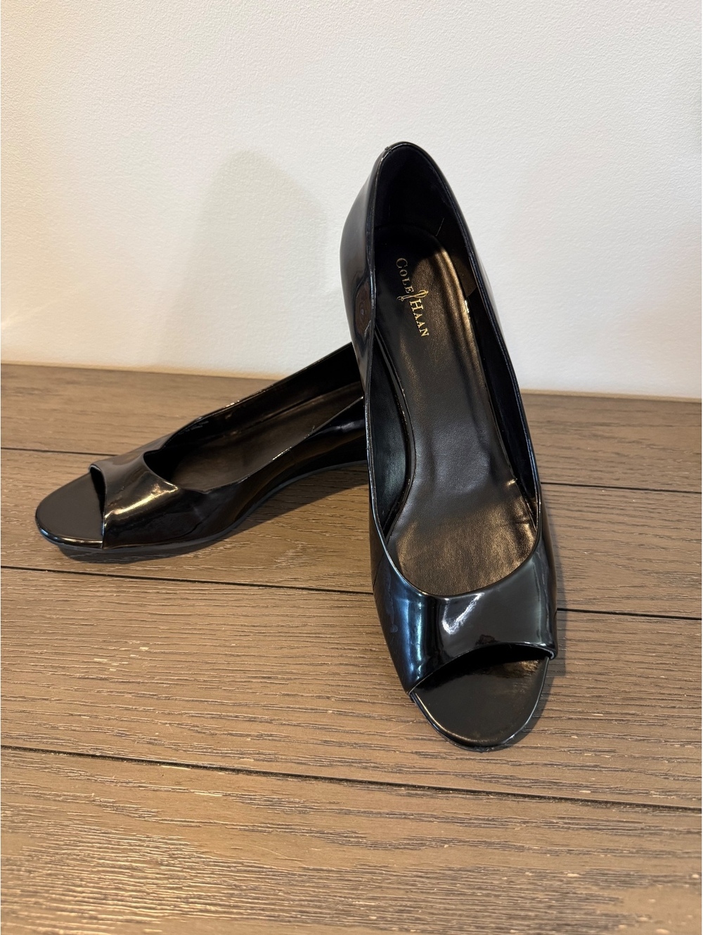 Cole Haan Black Patent Leather Peep Toe Wedges Size 10.5